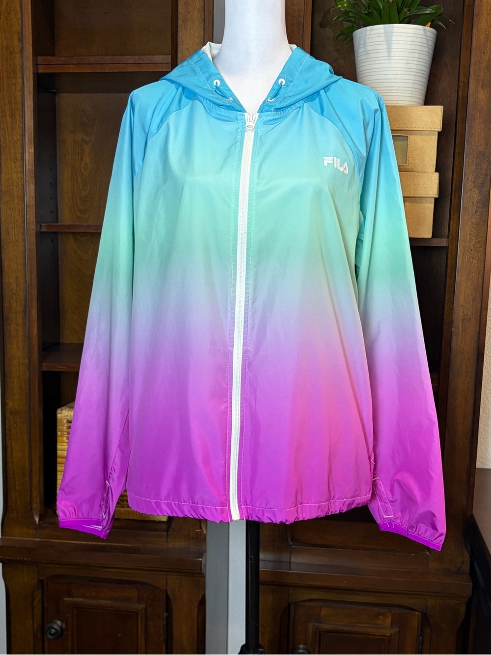 FILA Sport Gradient Hooded Windbreaker in Aqua, Lavender & Pink | Size L